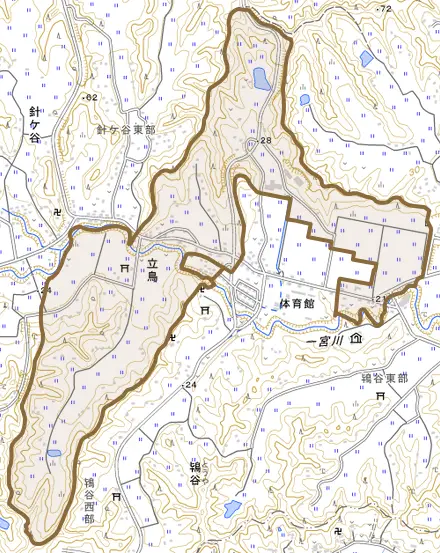 立鳥とその周辺の地図。町の範囲を重ねている
