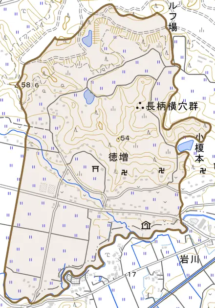 徳増とその周辺の地図。町の範囲を重ねている