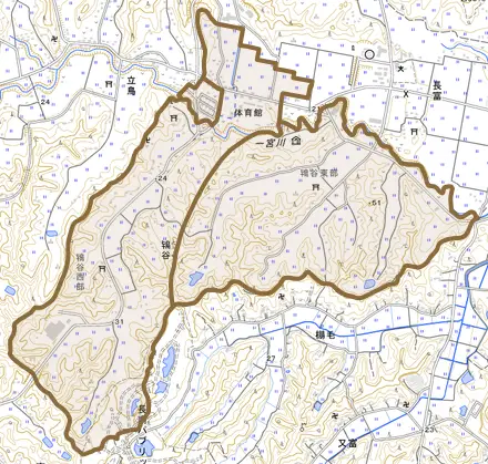 鴇谷とその周辺の地図。町の範囲を重ねている