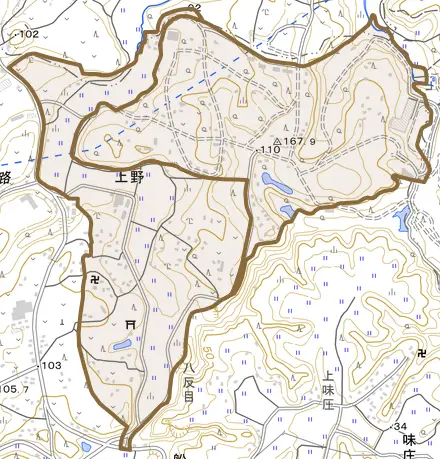 上野とその周辺の地図。町の範囲を重ねている