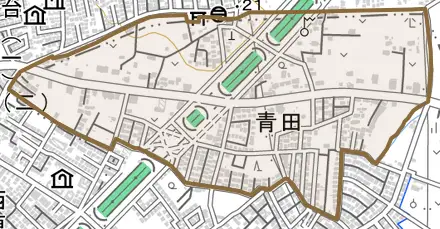 青田とその周辺の地図。町の範囲を重ねている