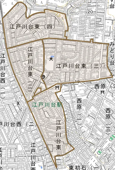 江戸川台東とその周辺の地図。町の範囲を重ねている