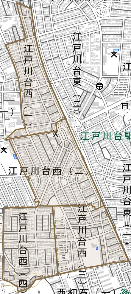 江戸川台西とその周辺の地図。町の範囲を重ねている