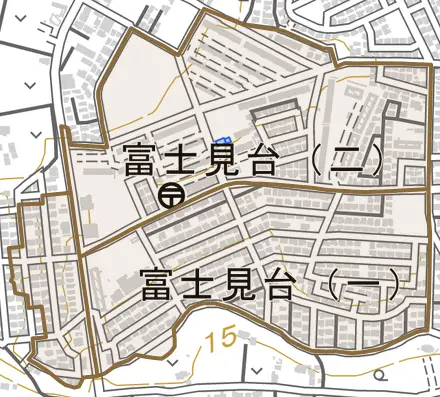 富士見台とその周辺の地図。町の範囲を重ねている