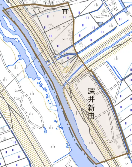 大字深井新田とその周辺の地図。町の範囲を重ねている