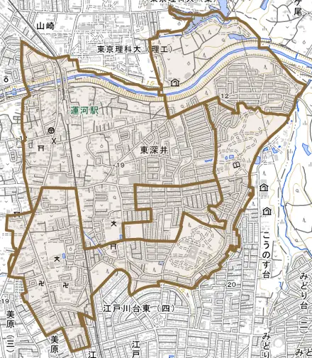 大字東深井とその周辺の地図。町の範囲を重ねている