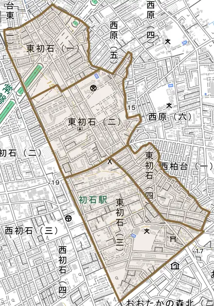 東初石とその周辺の地図。町の範囲を重ねている