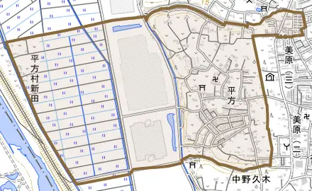 大字平方とその周辺の地図。町の範囲を重ねている
