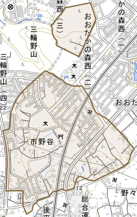 市野谷とその周辺の地図。町の範囲を重ねている