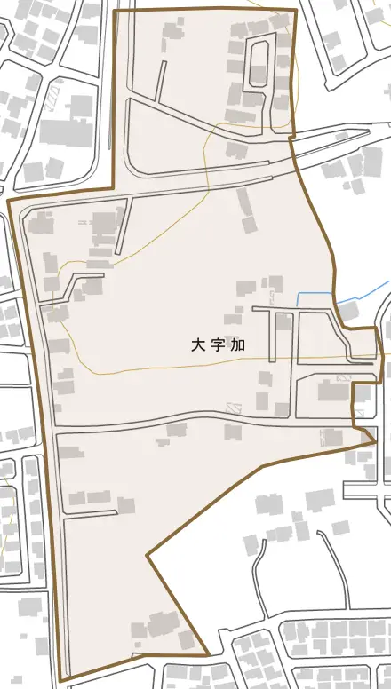 大字加とその周辺の地図。町の範囲を重ねている