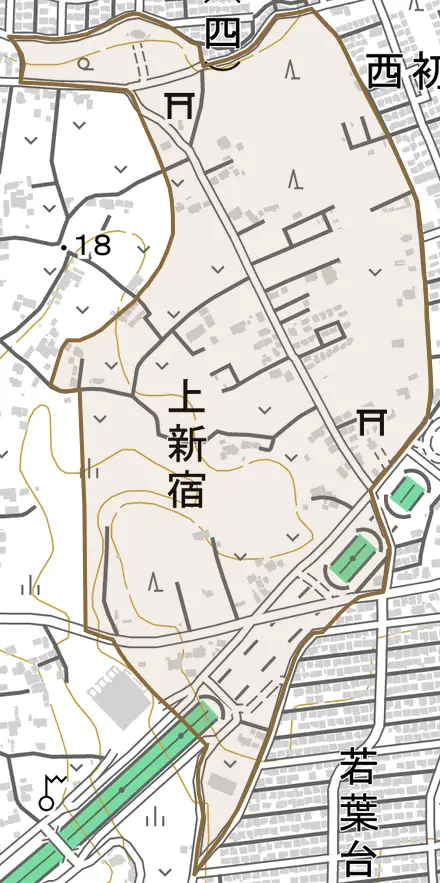 大字上新宿とその周辺の地図。町の範囲を重ねている