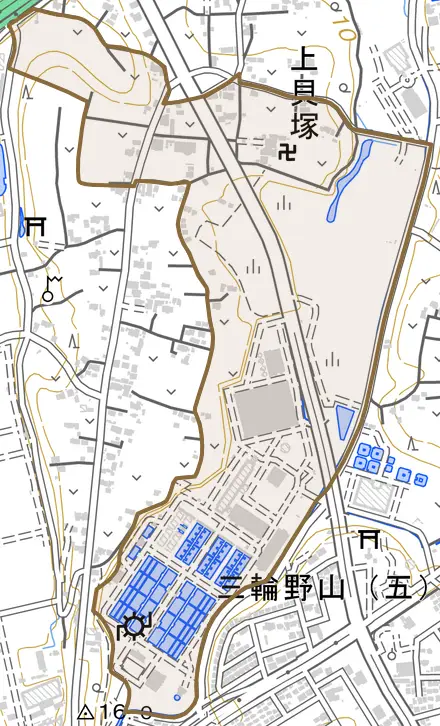 大字桐ケ谷とその周辺の地図。町の範囲を重ねている