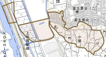 大字北とその周辺の地図。町の範囲を重ねている