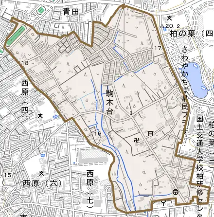 駒木台とその周辺の地図。町の範囲を重ねている