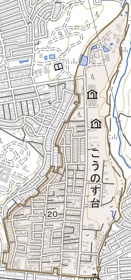 こうのす台とその周辺の地図。町の範囲を重ねている
