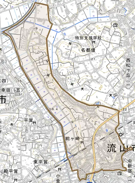 前ケ崎とその周辺の地図。町の範囲を重ねている