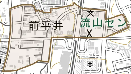 前平井とその周辺の地図。町の範囲を重ねている