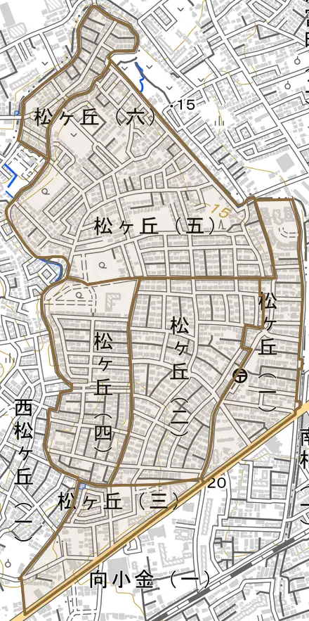 松ケ丘とその周辺の地図。町の範囲を重ねている