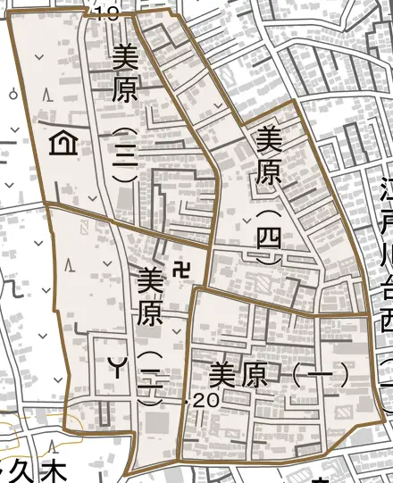 美原とその周辺の地図。町の範囲を重ねている