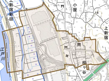 大字南とその周辺の地図。町の範囲を重ねている