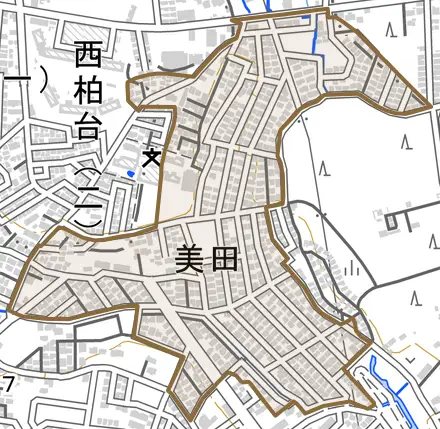 美田とその周辺の地図。町の範囲を重ねている