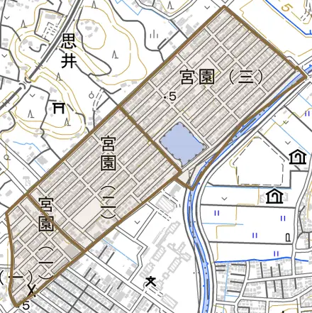 宮園とその周辺の地図。町の範囲を重ねている