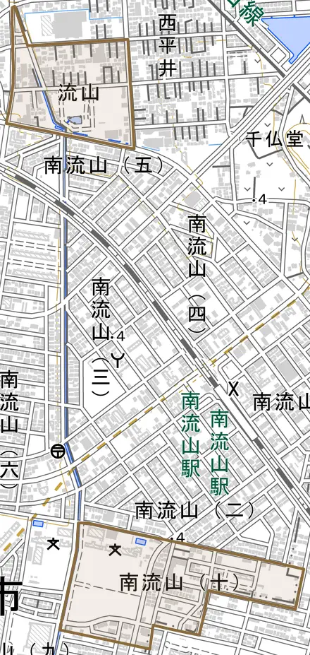 大字流山とその周辺の地図。町の範囲を重ねている