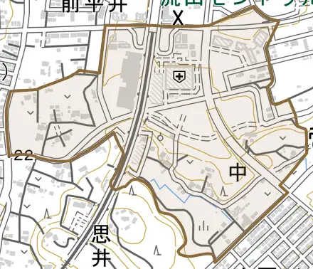 中とその周辺の地図。町の範囲を重ねている
