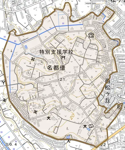 名都借とその周辺の地図。町の範囲を重ねている