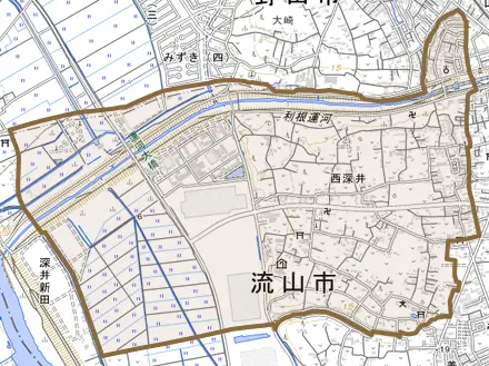 大字西深井とその周辺の地図。町の範囲を重ねている