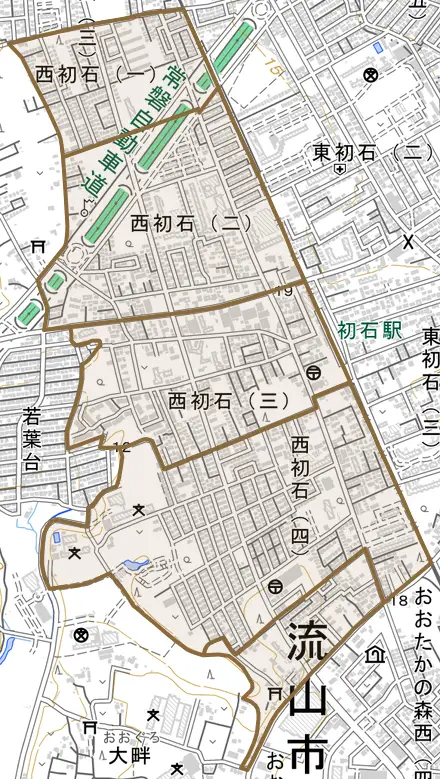 西初石とその周辺の地図。町の範囲を重ねている