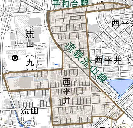 大字西平井とその周辺の地図。町の範囲を重ねている