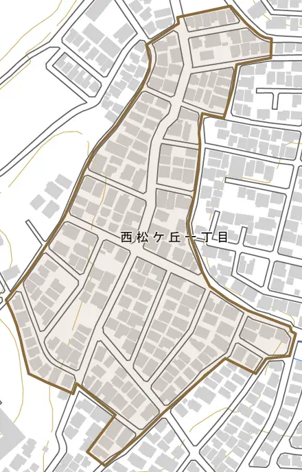 西松ケ丘とその周辺の地図。町の範囲を重ねている