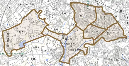 野々下とその周辺の地図。町の範囲を重ねている