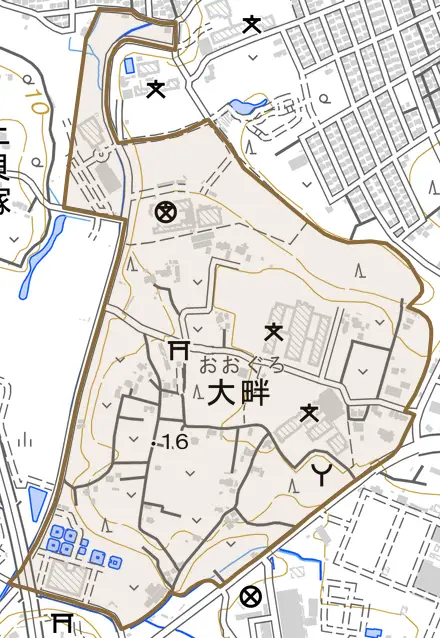 大字大畔とその周辺の地図。町の範囲を重ねている