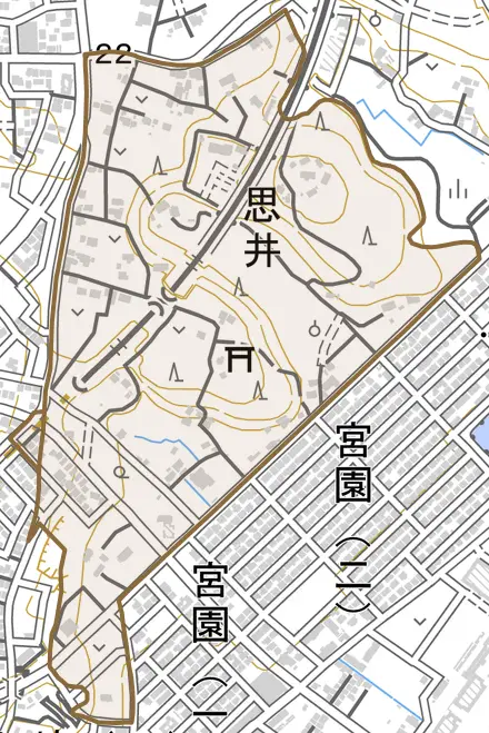思井とその周辺の地図。町の範囲を重ねている