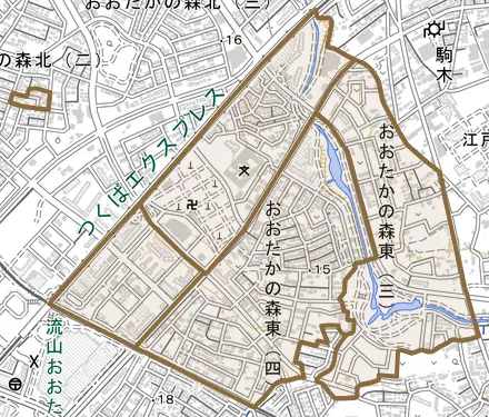 おおたかの森東とその周辺の地図。町の範囲を重ねている