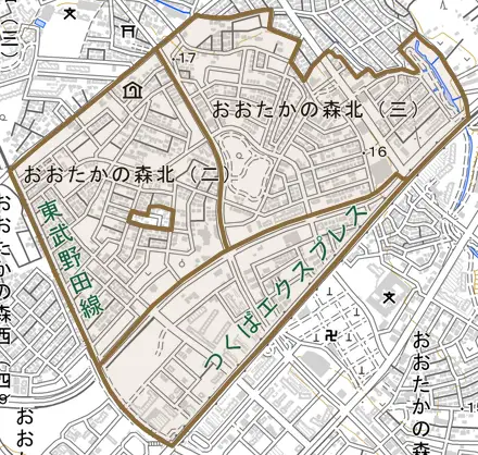 おおたかの森北とその周辺の地図。町の範囲を重ねている