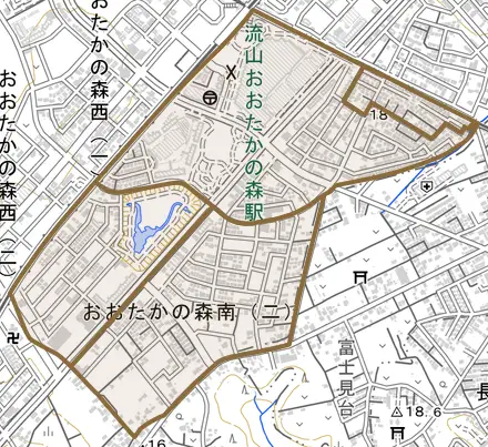 おおたかの森南とその周辺の地図。町の範囲を重ねている