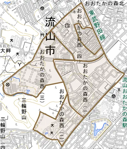 おおたかの森西とその周辺の地図。町の範囲を重ねている