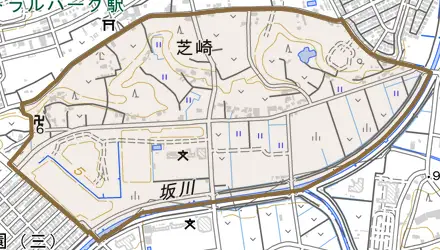 芝崎とその周辺の地図。町の範囲を重ねている
