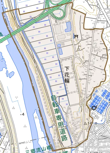 大字下花輪とその周辺の地図。町の範囲を重ねている