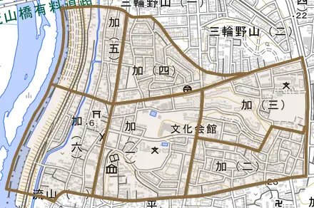 加とその周辺の地図。町の範囲を重ねている