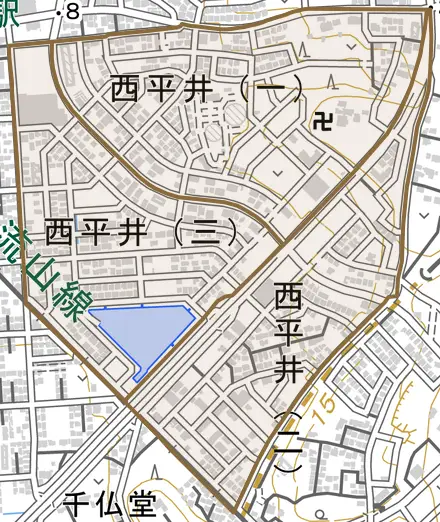 西平井とその周辺の地図。町の範囲を重ねている