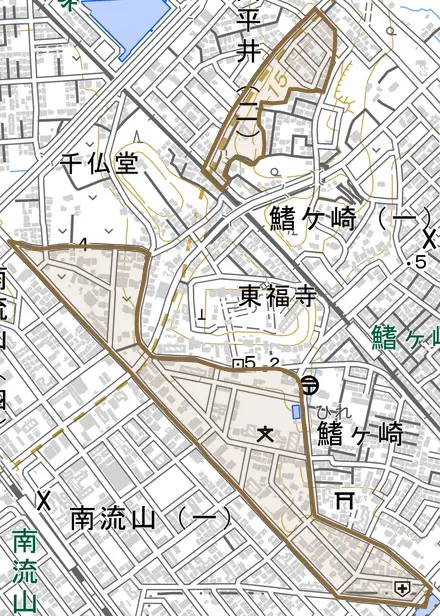 鰭ケ崎とその周辺の地図。町の範囲を重ねている