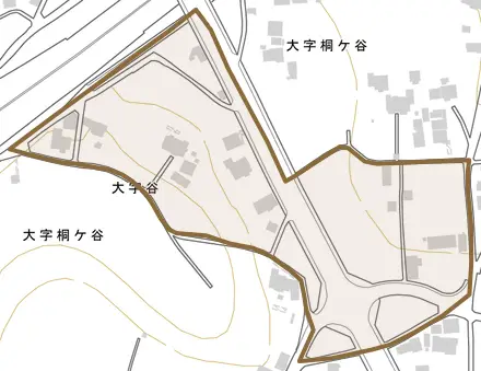 大字谷とその周辺の地図。町の範囲を重ねている
