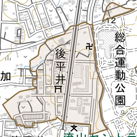 後平井とその周辺の地図。町の範囲を重ねている