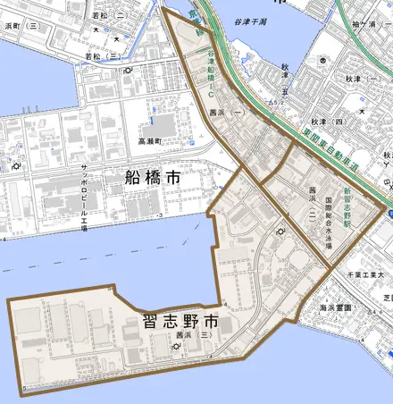 茜浜とその周辺の地図。町の範囲を重ねている