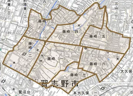 藤崎とその周辺の地図。町の範囲を重ねている