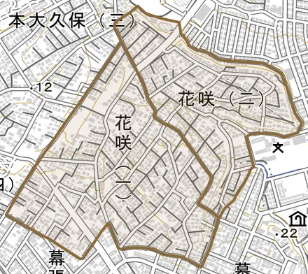 花咲とその周辺の地図。町の範囲を重ねている